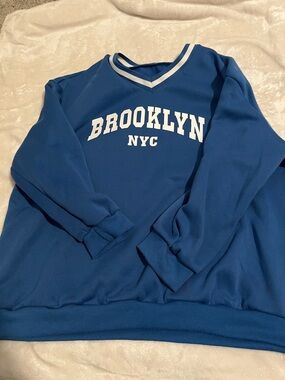 SHEIN Blue V-Neck 'BROOKLYN NYC' Pullover Sweater